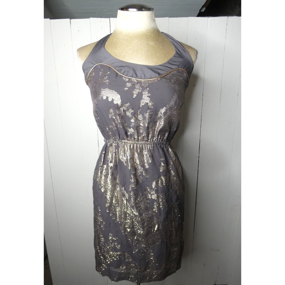 Akiko Women's XS Sleeveless Mini Dress Grey Metallic Gold 100% Silk Blouson